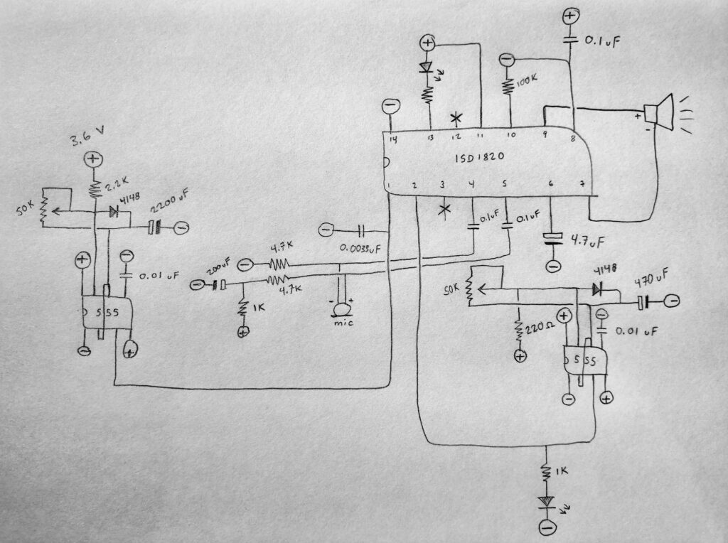 electronic circuit schema - 555 astable circuit + ISD1820 rec/play chip