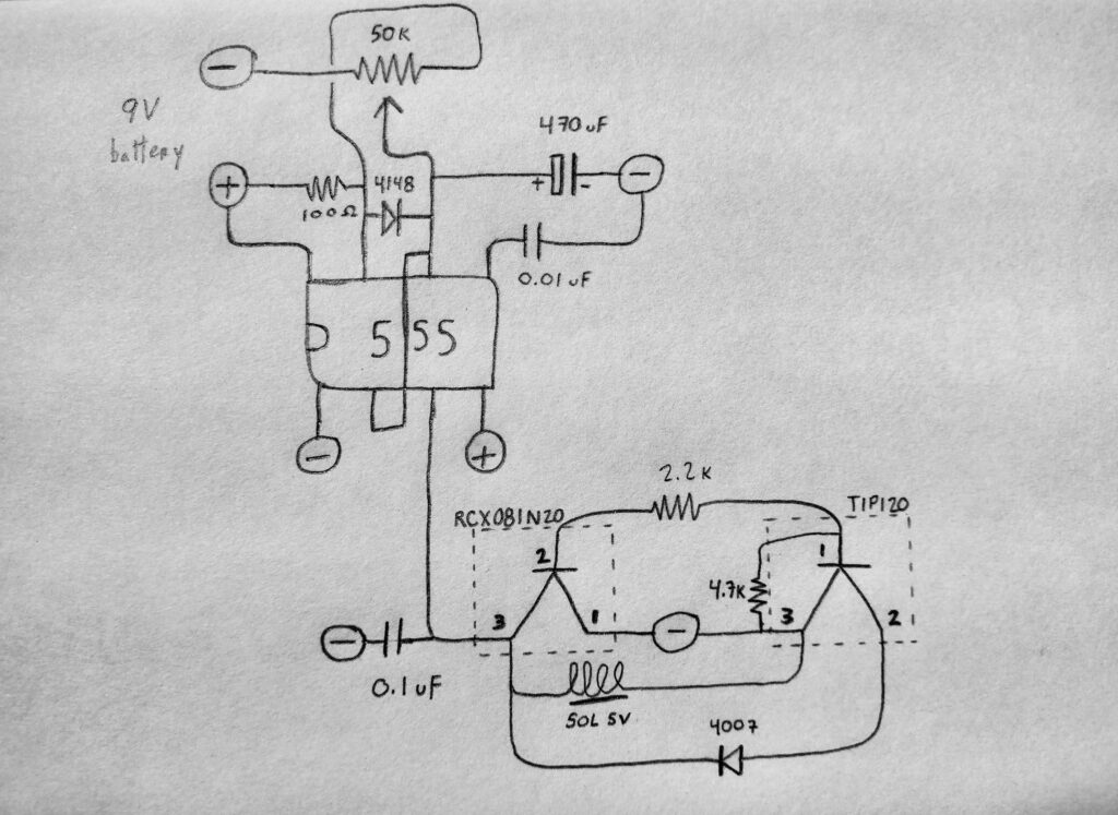 electronic circuit schema - 555 astable circuit + solenoid driver